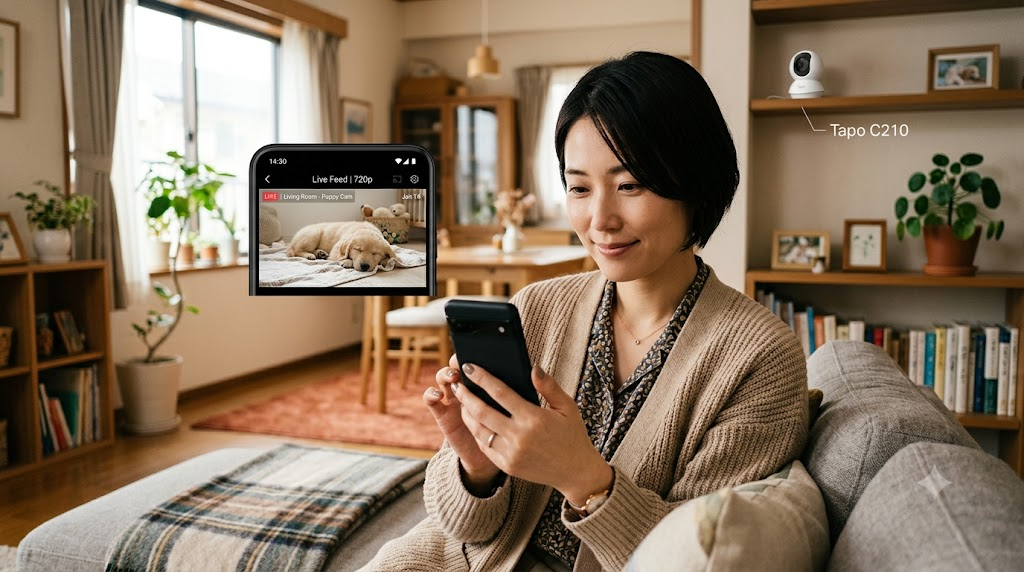 スマートフォンで見守りカメラの映像を確認している様子の写真風イラスト