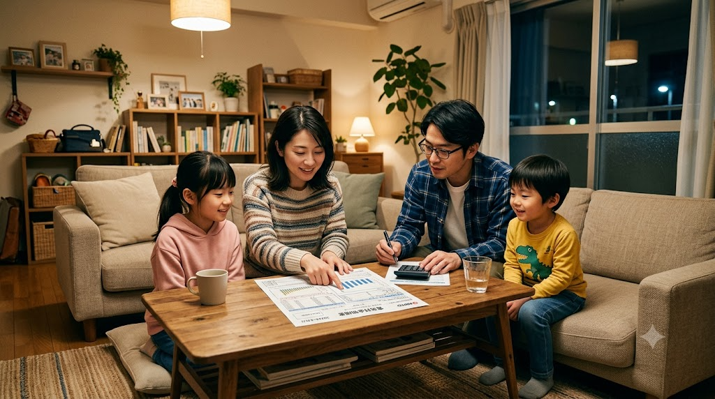 4人家族がリビングで電気料金の明細を確認している様子の写真風イラスト