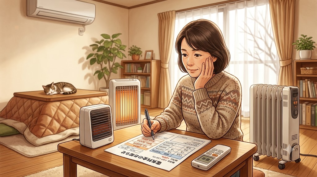 冬の暖房器具と電気料金の明細を見比べている様子の写真風イラスト