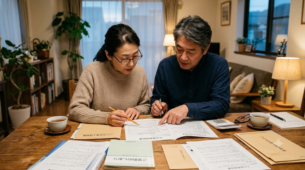 火災保険の契約書類を確認している様子の写真風イラスト