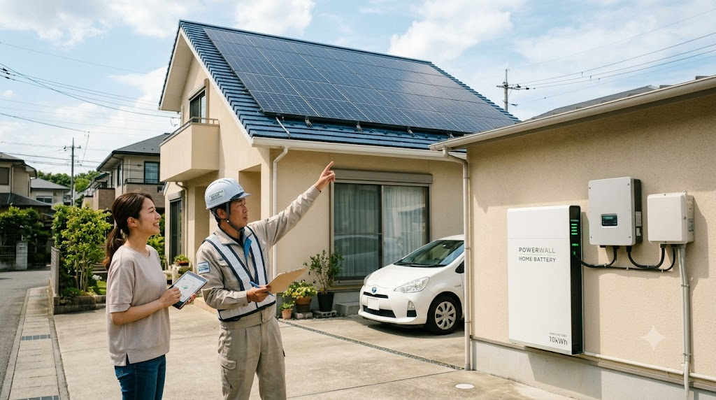 屋根の太陽光パネルと家庭用蓄電池を確認している様子の写真風イラスト
