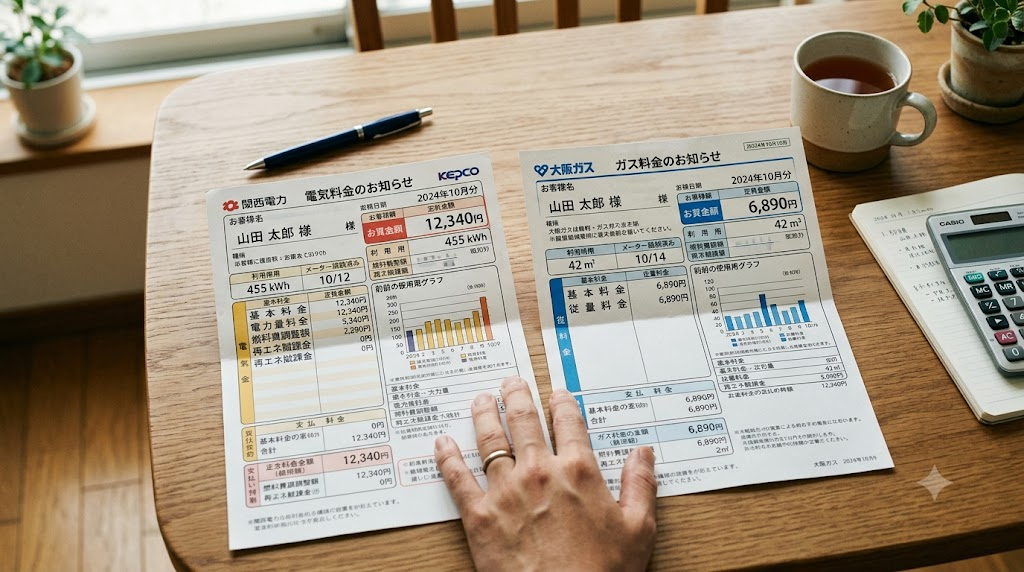 電気料金の明細とガス料金の明細を並べて比較している様子の写真風イラスト