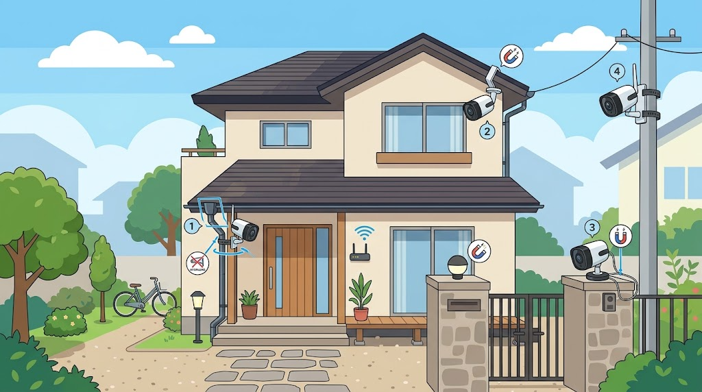 穴あけなしで屋外防犯カメラを複数台設置している様子のイラスト