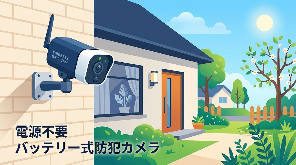 電源不要のバッテリー式防犯カメラを屋外に設置している様子のイラスト