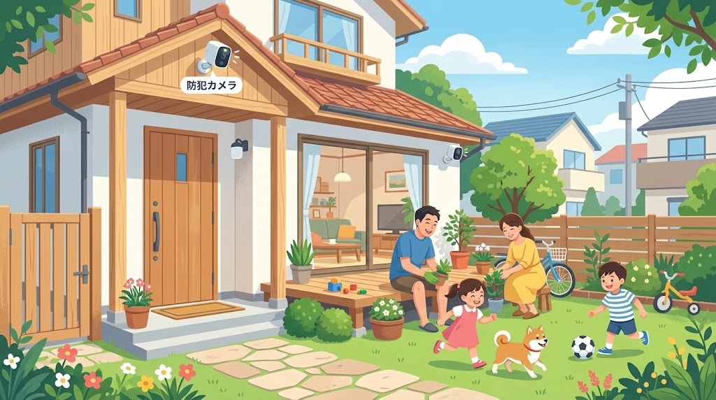 家庭用防犯カメラを屋外に設置して家族が安心して暮らしている様子のイラスト