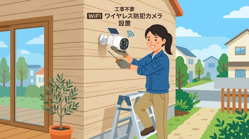 工事不要のワイヤレス防犯カメラを屋外の壁に取り付けている様子のイラスト