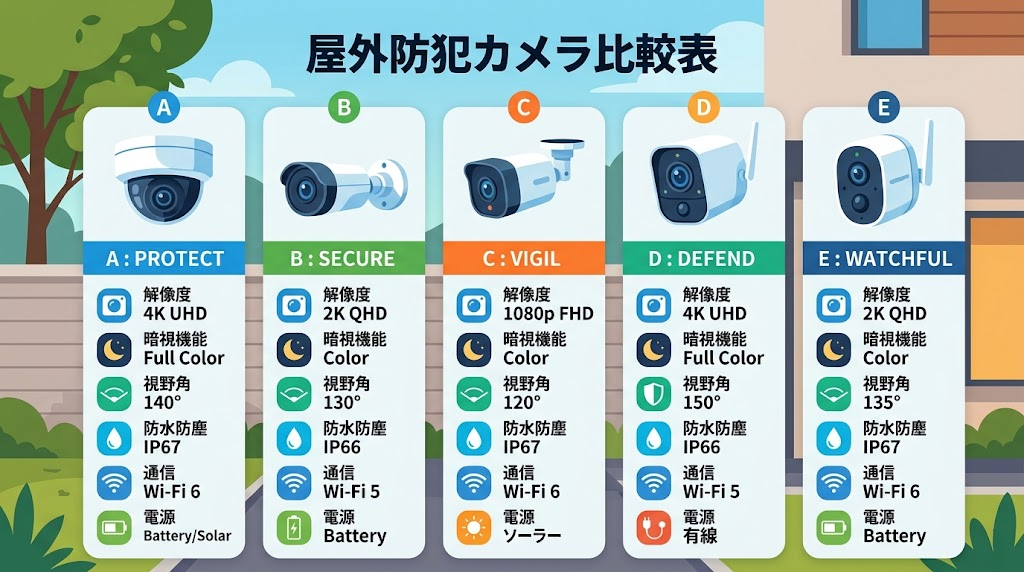 複数メーカーの屋外防犯カメラを並べて比較している様子のイラスト