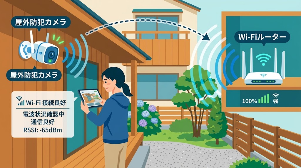 屋外防犯カメラとWi-Fiルーターの電波状況を確認している様子のイラスト
