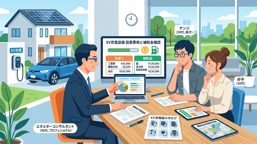EV充電設備の設置費用と補助金について確認している様子のイラスト