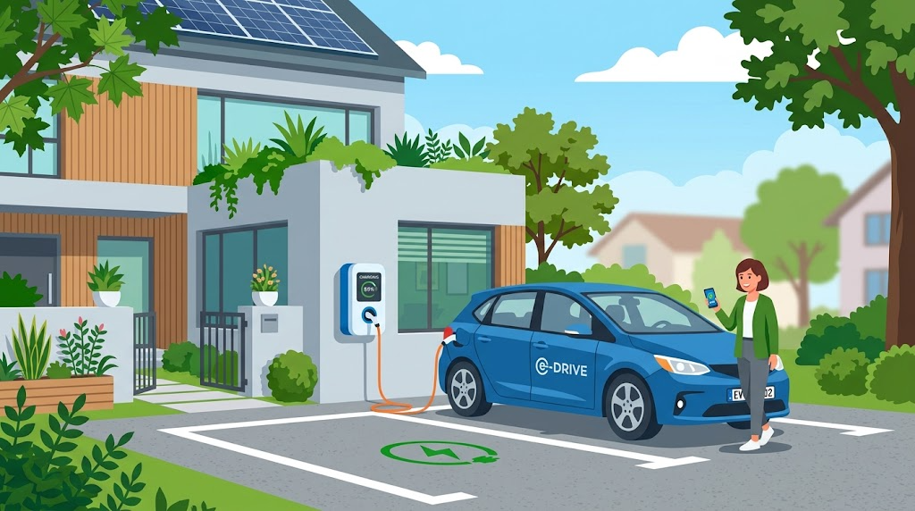 自宅の駐車場でEVを充電している様子のイラスト