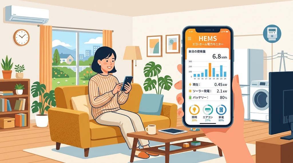 スマホでHEMSアプリを見ながら家庭の電力使用状況を確認している様子の写真風イラスト