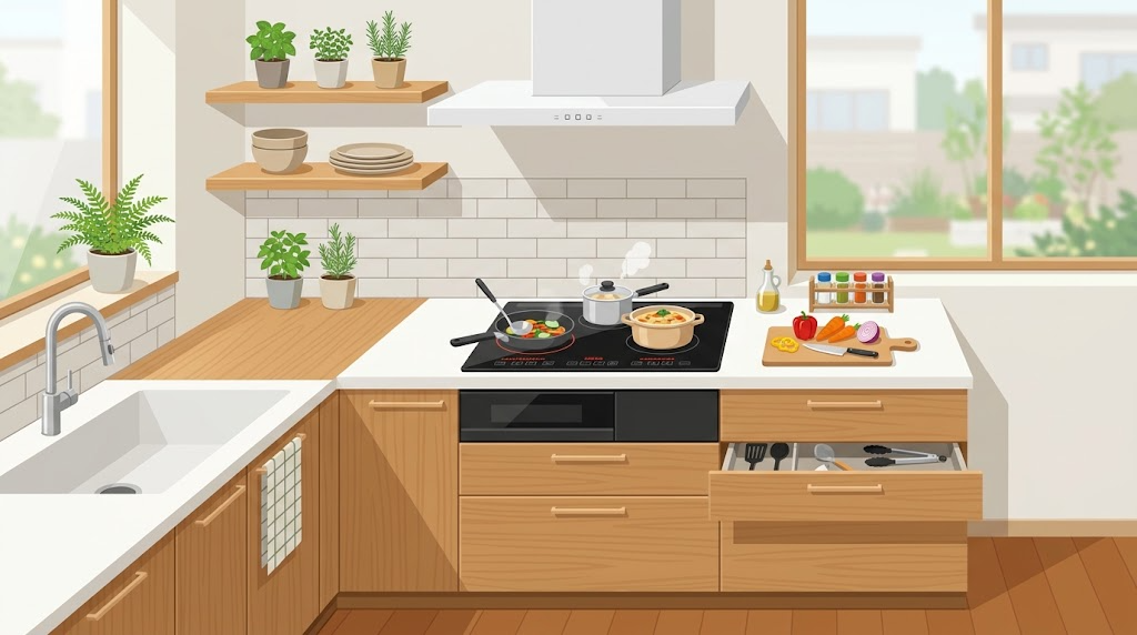 ビルトイン型IHクッキングヒーターが組み込まれたキッチンのイラスト