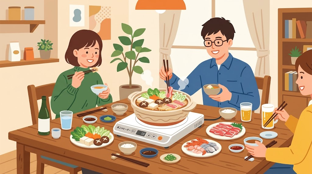 卓上IHクッキングヒーターで鍋料理を楽しんでいる様子のイラスト