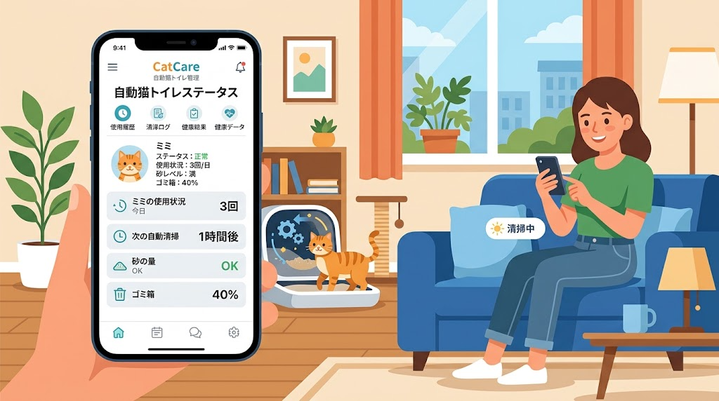 スマホアプリで自動猫トイレの使用状況を確認している様子の写真風イラスト