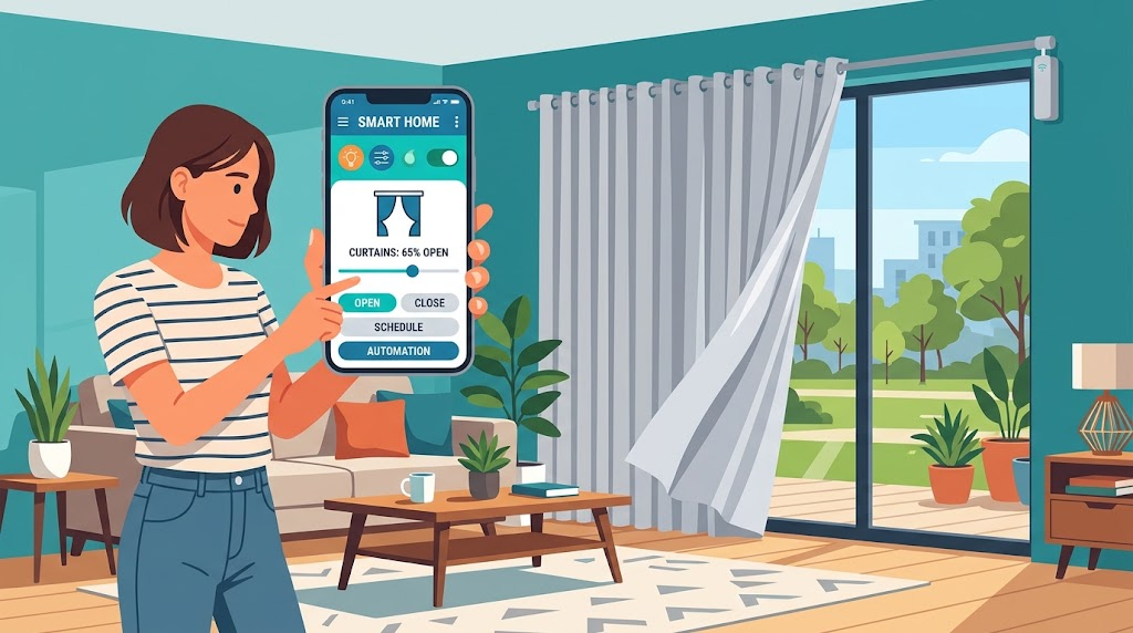 スマホでスマートカーテンを操作している様子のイラスト