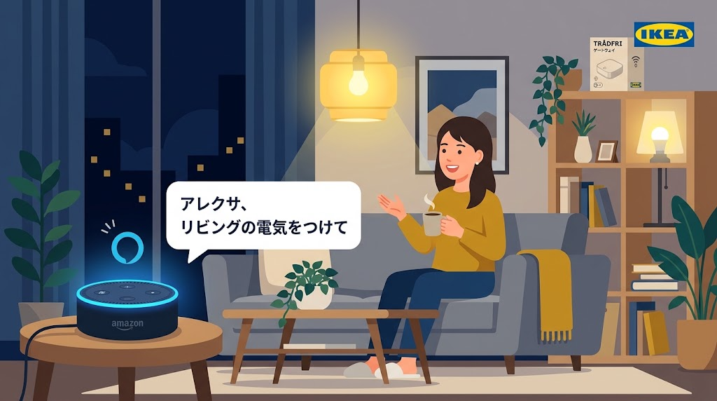 IKEAのスマート照明をAlexaで音声操作している様子のイラスト
