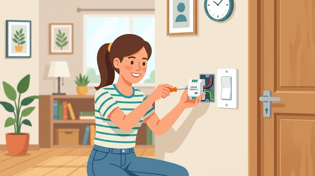 既存の壁スイッチにスマート照明スイッチを後付けしている様子のイラスト