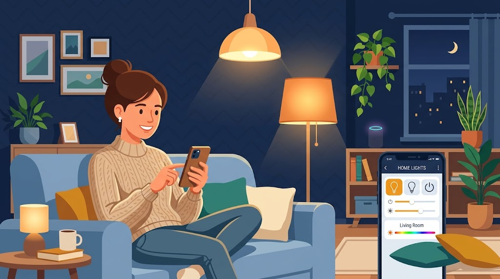 スマホでスマート照明を操作している様子のイラスト