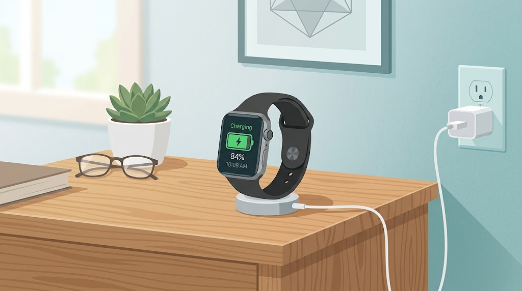 スマートウォッチを充電器にセットしている様子のイラスト