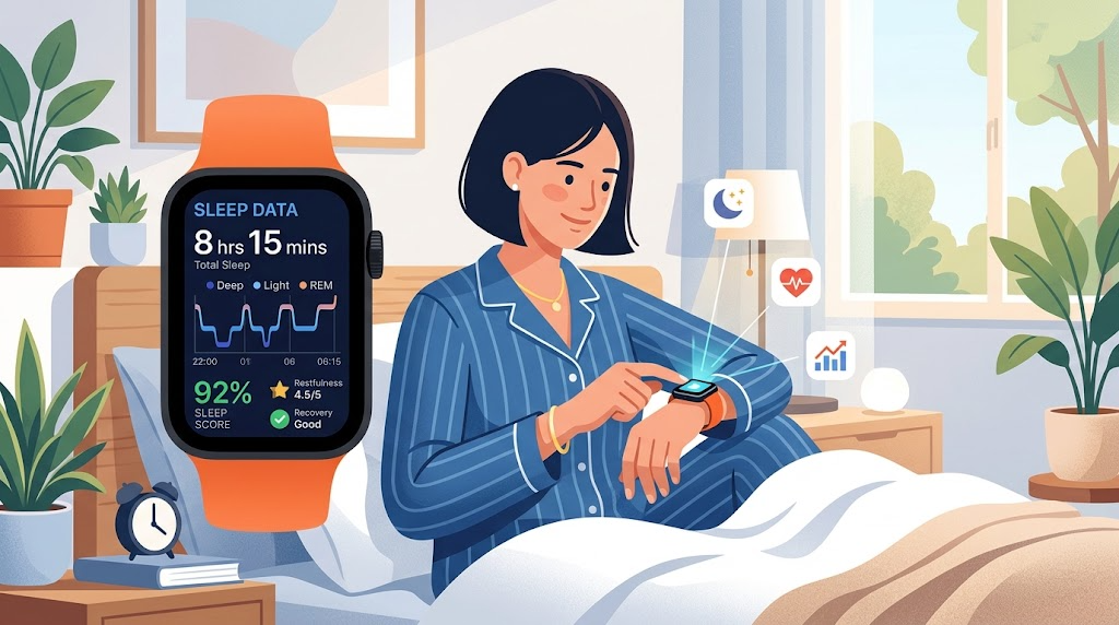 スマートウォッチで睡眠データを確認している様子のイラスト