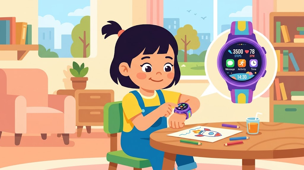 子供がスマートウォッチを見ている様子のイラスト