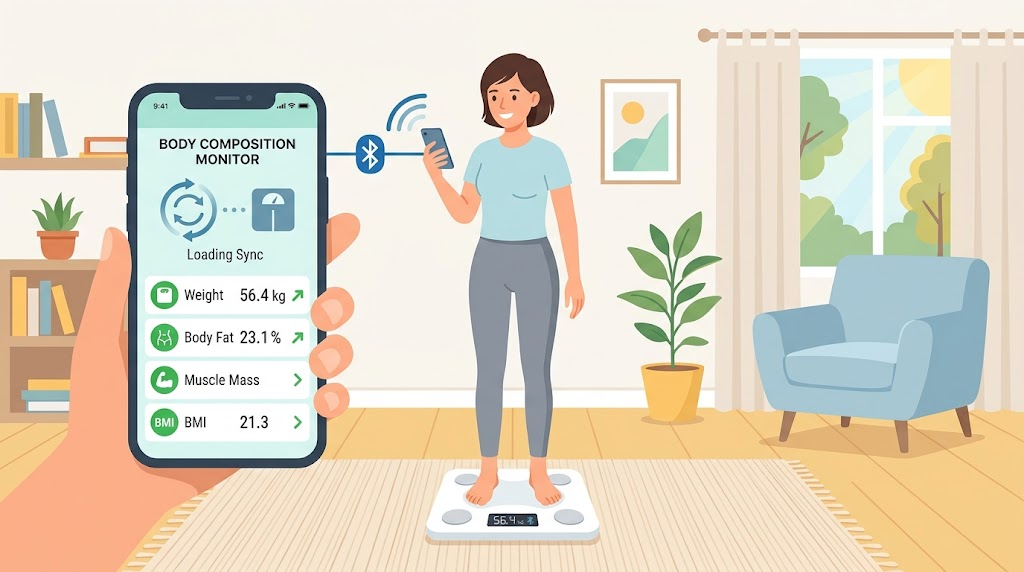 スマホでスマート体組成計のアプリ連携を確認している様子のイラスト