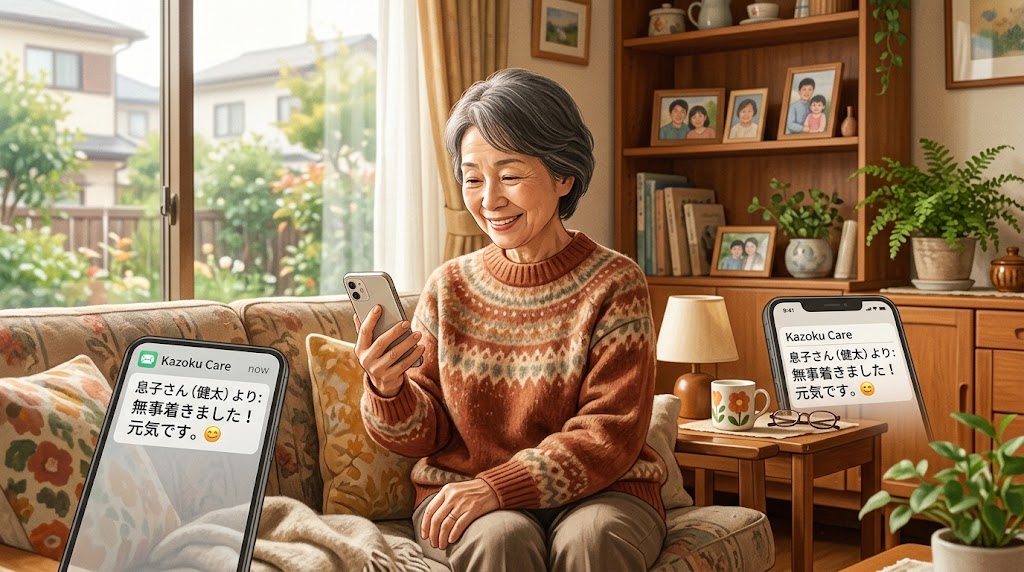 離れて暮らす家族がスマホで開閉通知を確認しているシーンの写真風イラスト