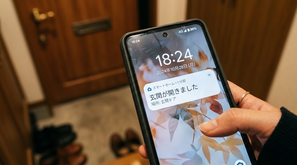 スマホのロック画面に扉の開閉通知が表示されている様子の写真風イラスト