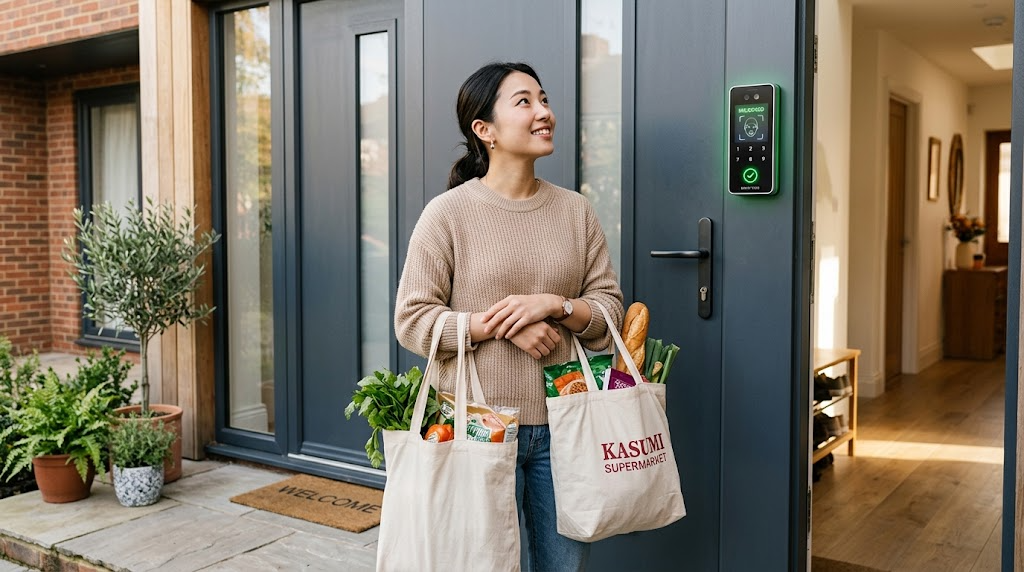 玄関ドアの前で、両手に荷物を抱えた人が顔認証でスマートロックを解錠している様子