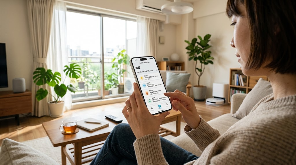 スマホアプリでスマート家電の操作履歴を確認している様子