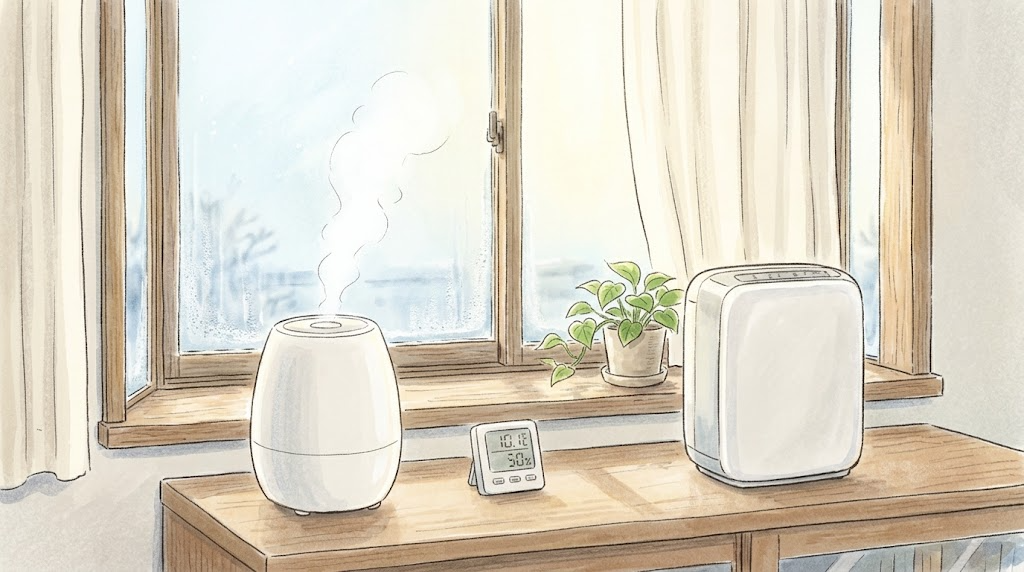 加湿器と温湿度計がリビングに置かれ、スマートフォンで湿度を確認しているイメージ