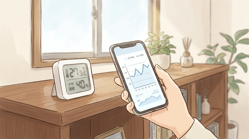 リビングの棚に置かれた小型の温湿度計とスマートフォンのアプリ画面のイメージ